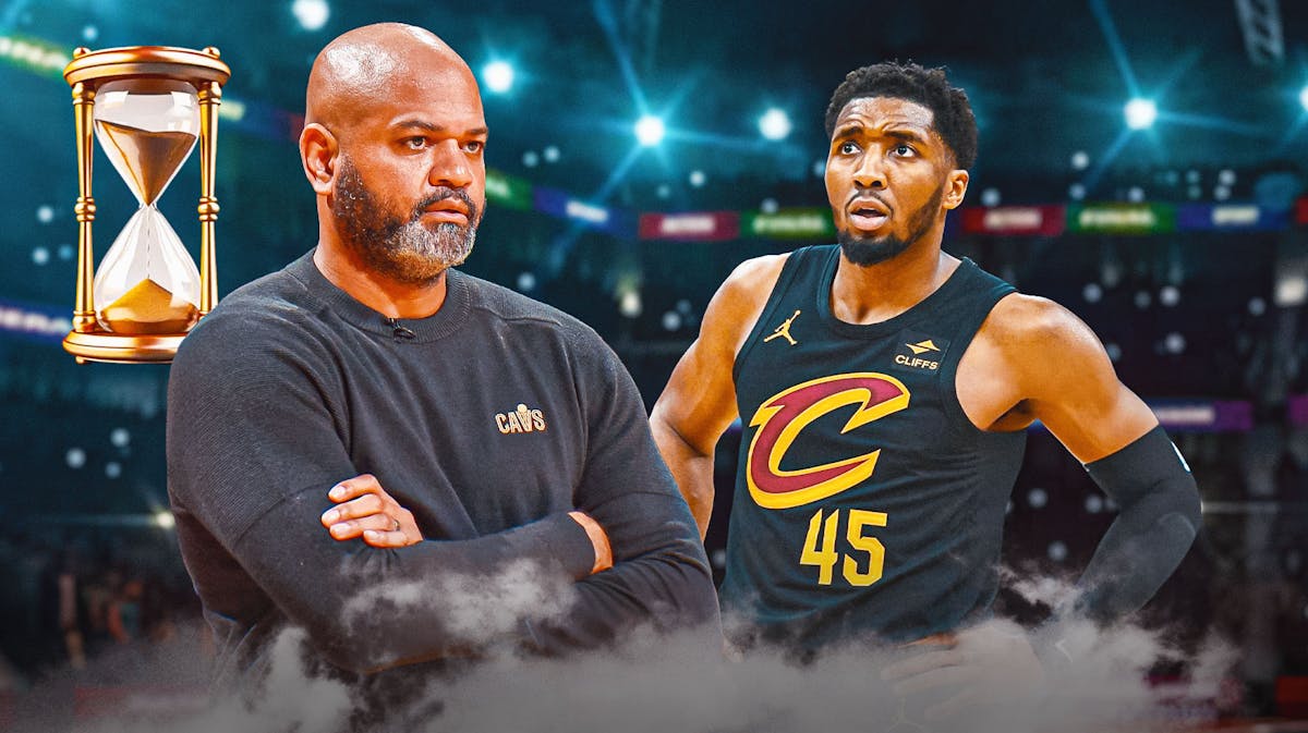 Cavs' JB Bickerstaff looking tired, with an hourglass running out beside him and Donovan Mitchell looking angry