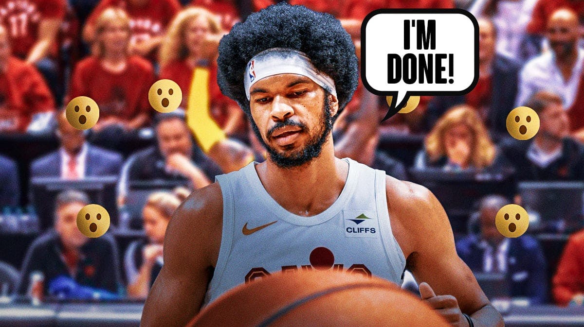 Jarrett Allen on one side with a speech bubble that says "I'm done!", a bunch of Cleveland Cavaliers fans on the other side with shocked emojis around them