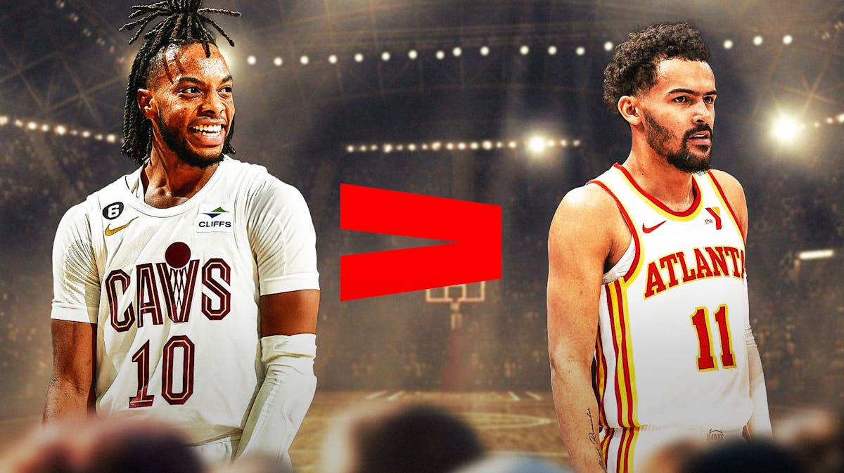Cavs' Darius Garland on the left, smiling, with the greater than symbol (>) in the middle, with Hawks' Trae Young on the right, angry