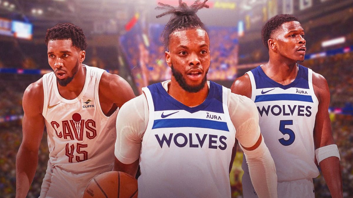 Cavs' Darius Garland in a Timberwolves uniform, with Donovan Mitchell and Timberwolves' Anthony Edwards beside Garland