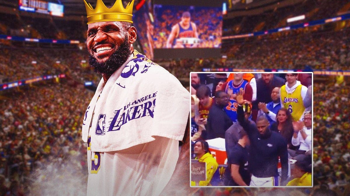 LeBron James of the Lakers looking happy and with a king's crown