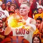 Photo: Sam Merrill shooting ball on fire in Cavs jersey, screaming Cavs fans in background