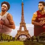 Jarrett Allen and Donovan Mitchell of the Cavs standing on each side of the Eifell Tower
