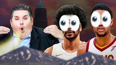 Brian Windhorst on one side breathing fire, Jarrett Allen and Evan Mobley on the other side with the big eyes emoji around them