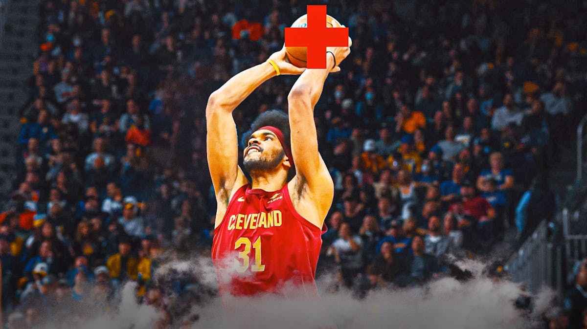 Jarrett Allen (Cavs) dunking a ball but replace the ball with medical cross symbol