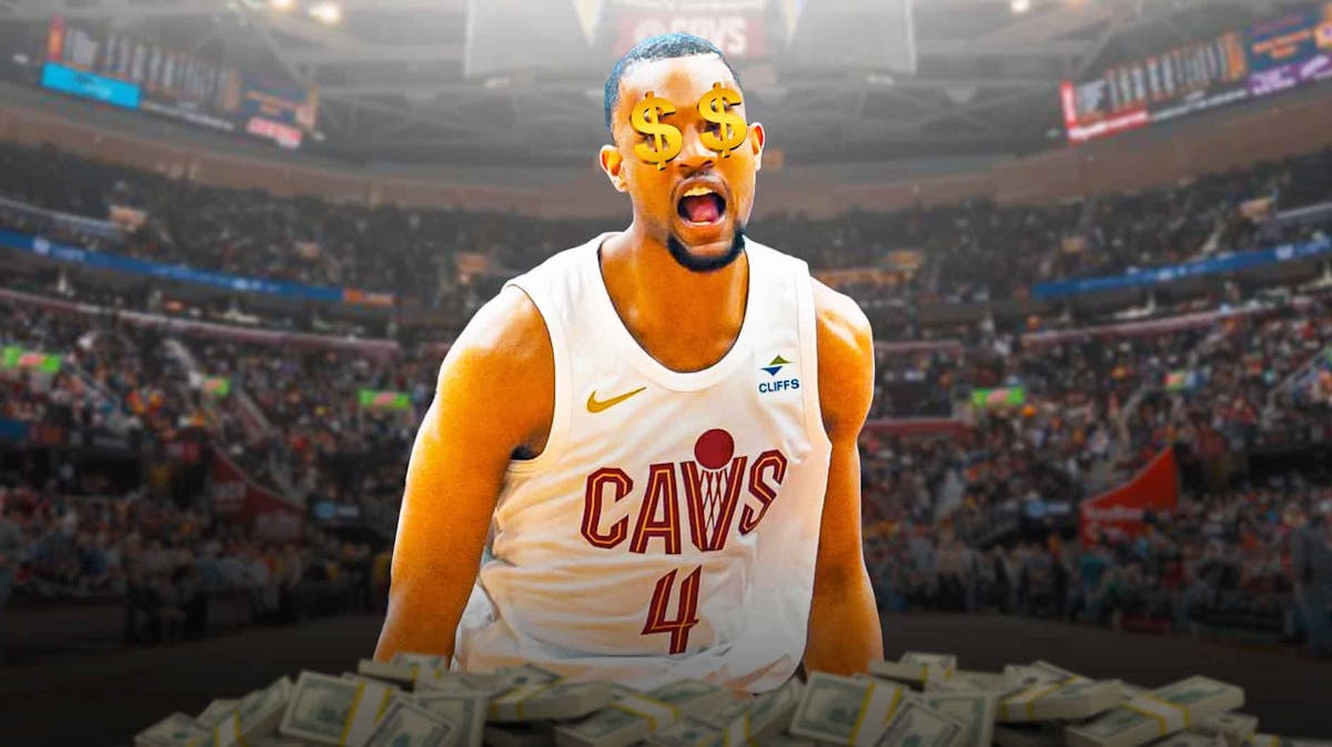 Cavs' Evan Mobley smiling with dollar bills on the ground and dollar signs on his eyes