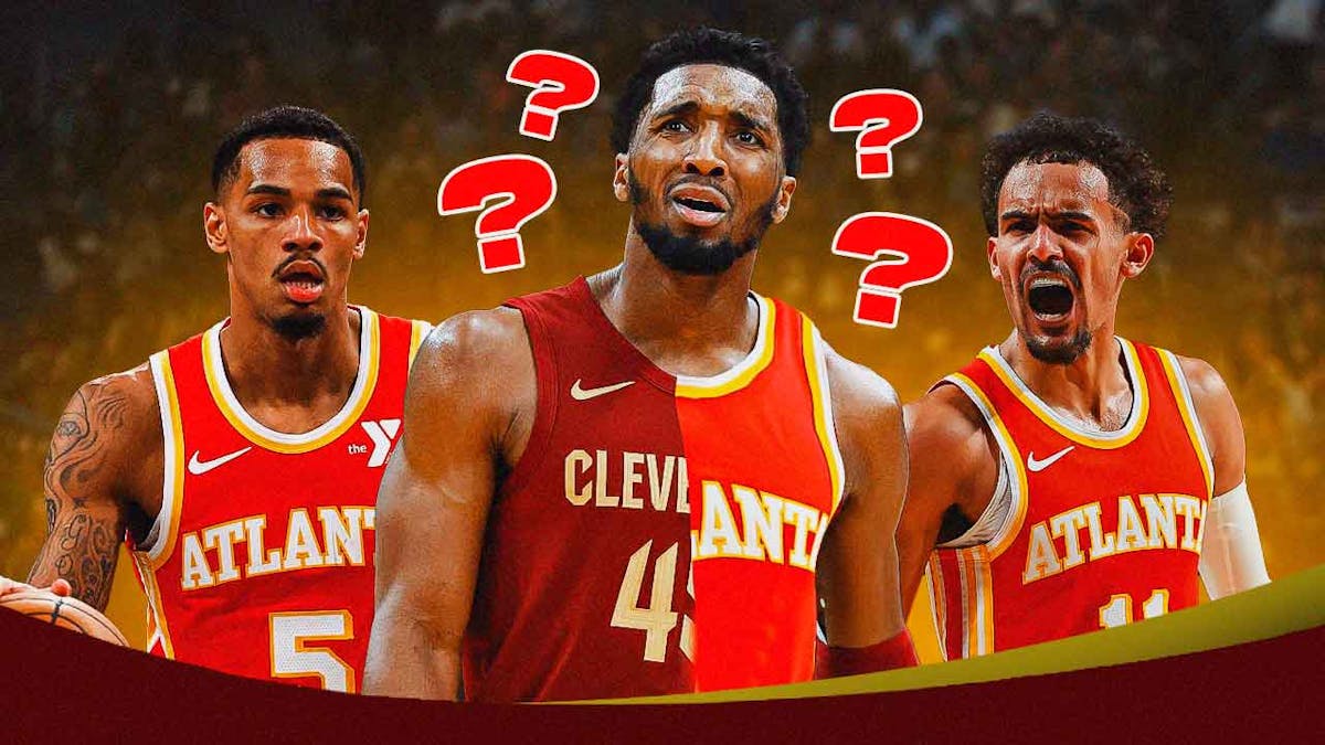 Cavs' Donovan Mitchell in a half Hawks/Cavs uniform, with Trae Young and Dejounte Murray with question marks all over them beside Mitchell