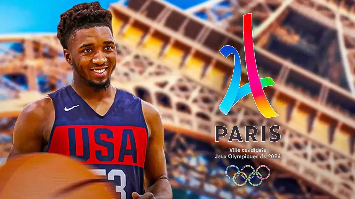Cavs' Donovan Mitchell in Team USA uniform (2019) with Eiffel Tower in the background and the 2024 Paris Olympics logo beside Mitchell