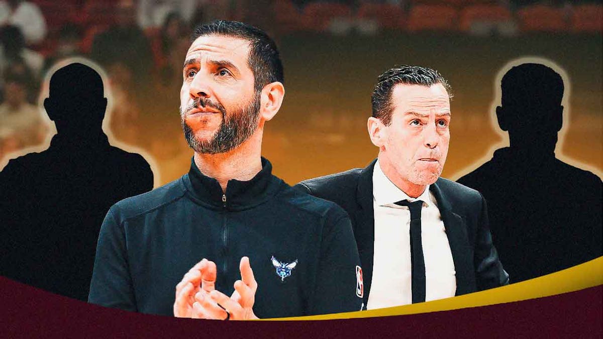 James Borrego and Kenny Atkinson with two silhouettes representing Johnnie Bryant and Chris Quinn beside them, Cavs logo on the side