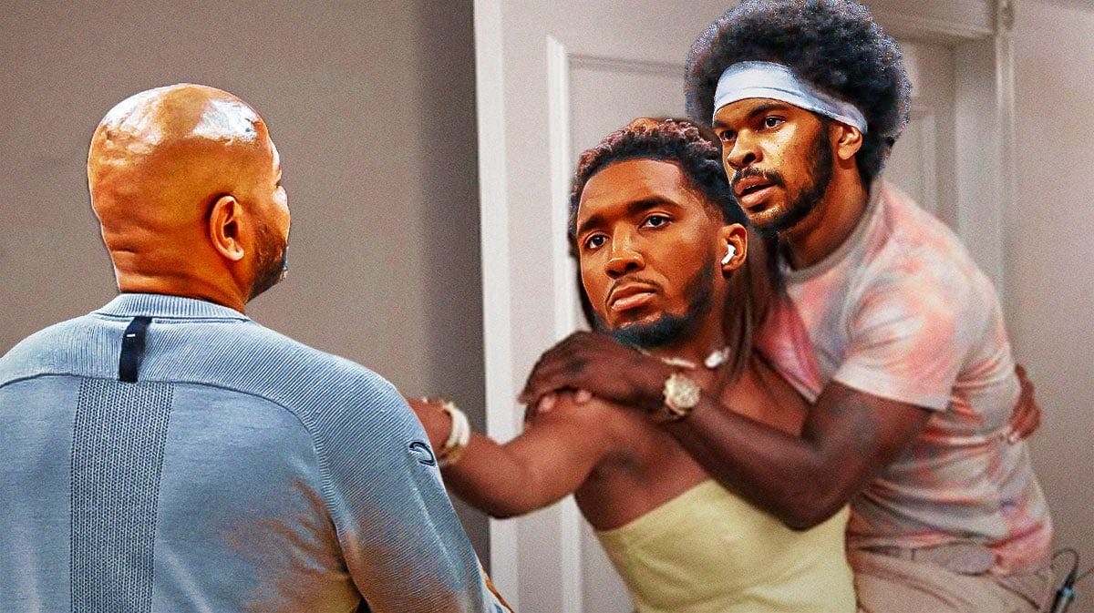 Cavs' Donovan Mitchell carrying Jarrett Allen while pointing at JB Bickerstaff in the Kevin Hart meme