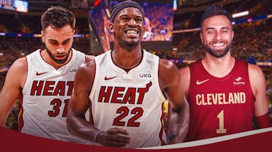 Jimmy Butler and Max Strus together with the Heat during the 2023 NBA Finals on the left, with Strus happy in a Cavs uni on the right