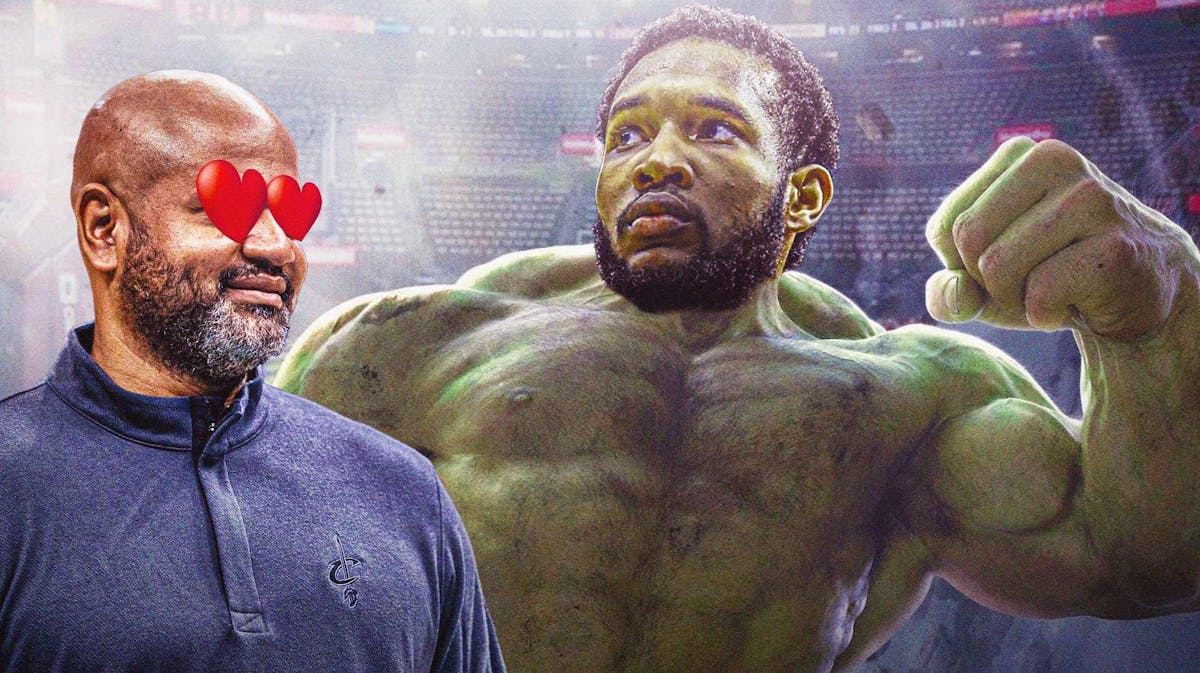 Photo: Evan Mobley as the Hulk, JB Bickerstaff looking at him with heart eyes coaching Cavs