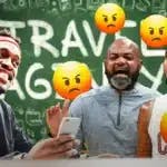 Raptors' Pascal Siakam as an agent for a travel agency , with Cavs' JB Bickerstaff and Donovan Mitchell looking angry, with angry emojis around them