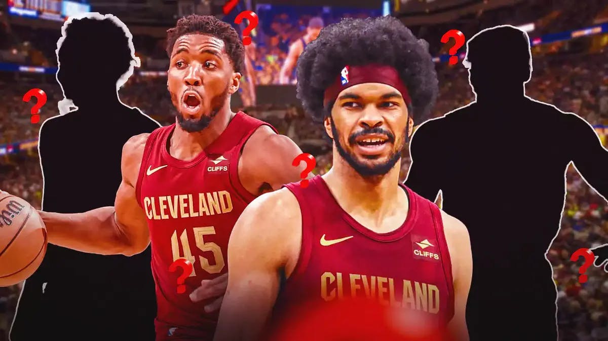 Cavs' Donovan Mitchell and Jarrett Allen hyped up, with silhouettes of Cavs players beside them with question marks all over