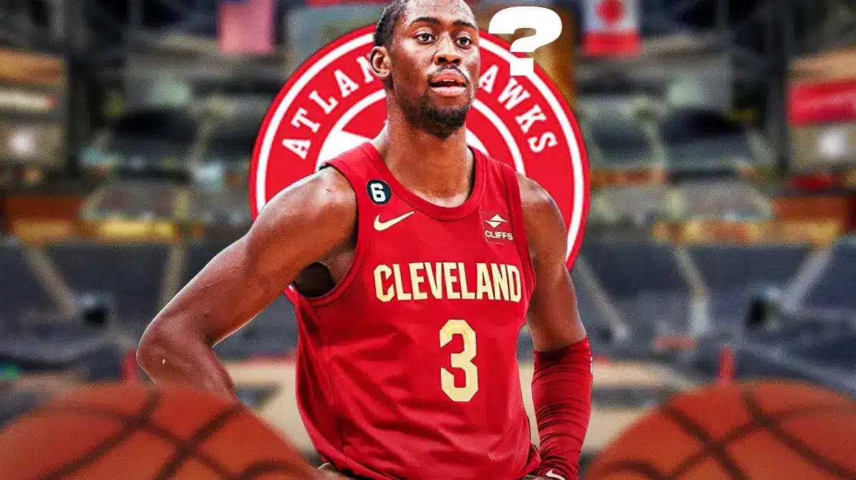 Cavs' Caris LeVert with question mark above, Hawks logo in back