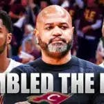 Cavs' JB Bickerstaff, Donovan Mitchell, and Evan Mobley all sad, with the caption below: FUMBLED THE BAG