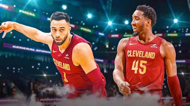 Donovan Mitchell in Cleveland Cavaliers jerse, Max Strus fired up in Cavs jersey