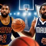 Two images of Kyrie Irving: one in Cavs uniform and one in Mavericks uniform