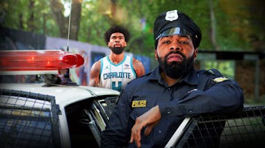 Cavs' Marcus Morris as a police officer, with Hornets' Nick Richards looking worried