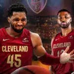 Cavs' Donovan Mitchell standing next to Tristan Thompson during Rockets game