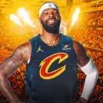 Marcus Morris in a Cavs jersey with the Cavs arena in the background, contract
