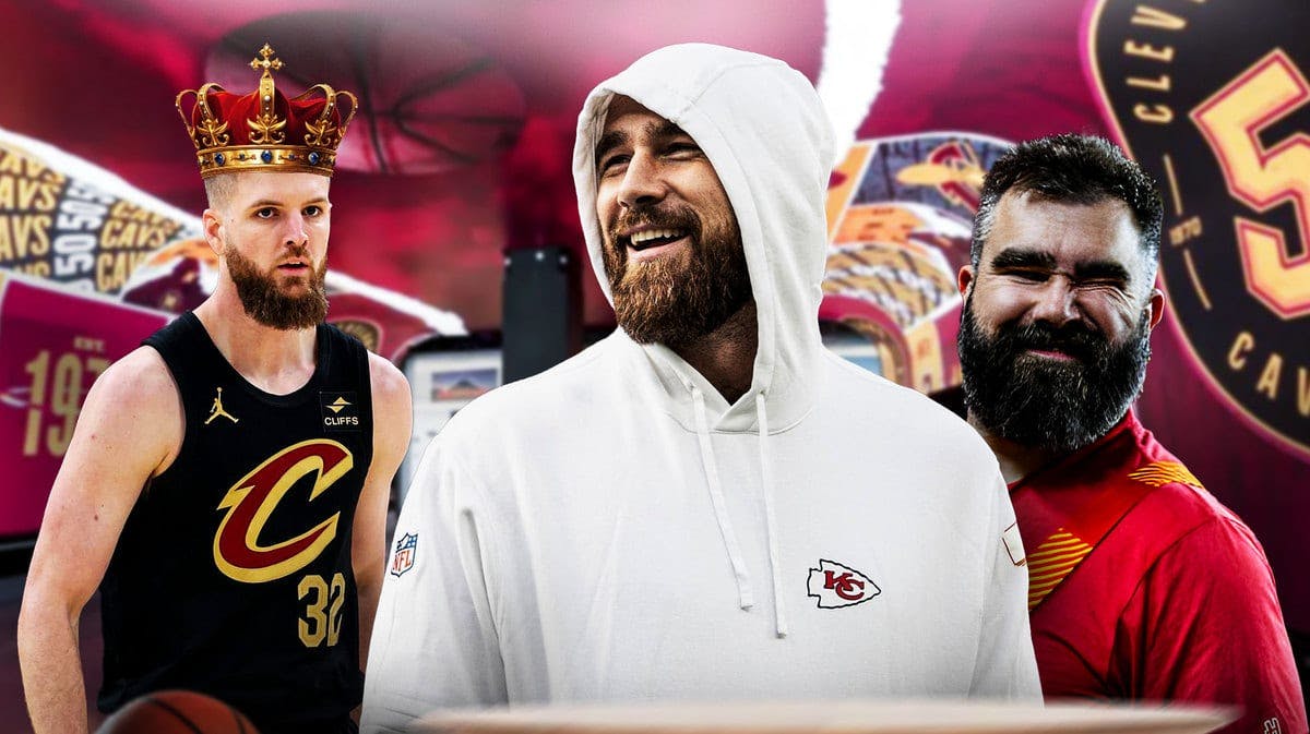 Cavs Dean Wade with Jason Kelce and Travis Kelce after win over Celtics