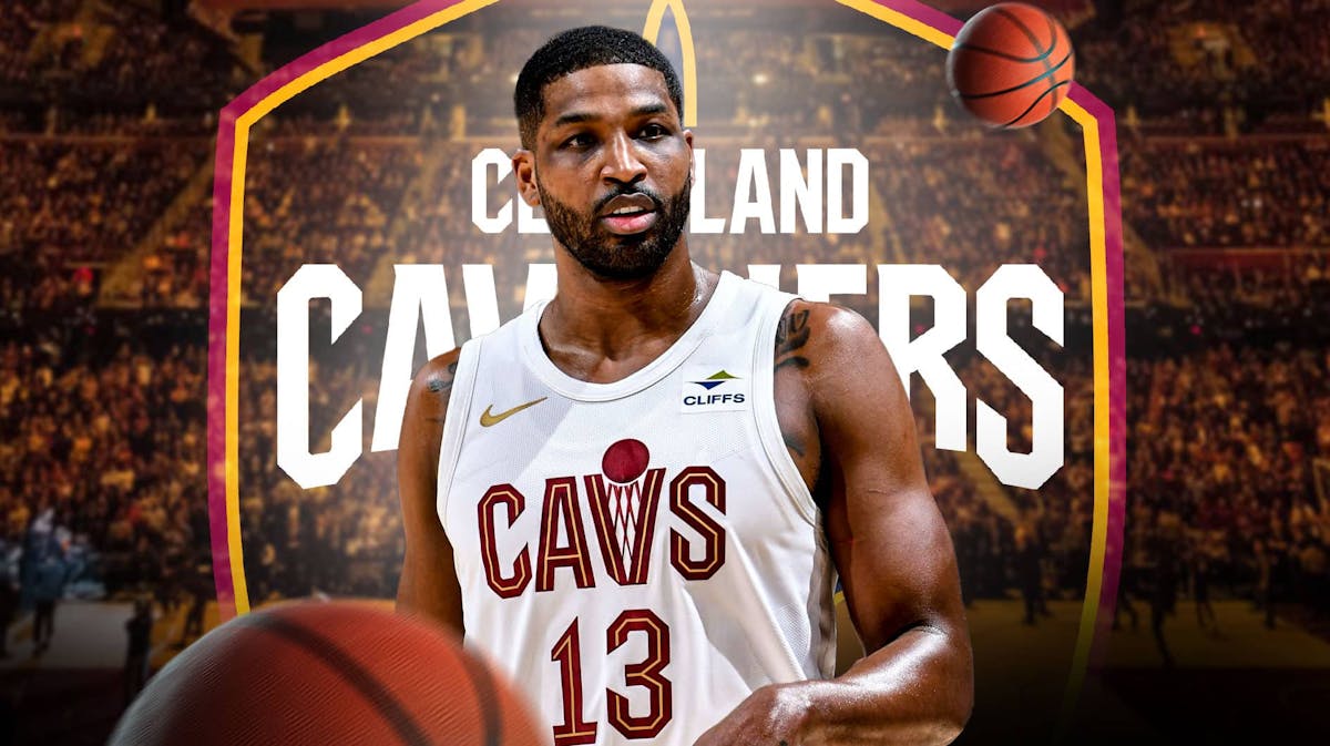 Tristan Thompson with the Cavs arena in the background, suspension