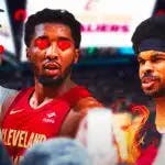 Jarrett Allen on one side on fire, Darius Garland and Donovan Mitchell on the other side with hearts in their eyes