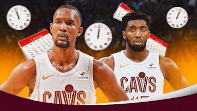 Cavs' Evan Mobley and Donovan Mitchell looking worried, with broken clocks all over and calendars flying all over the two