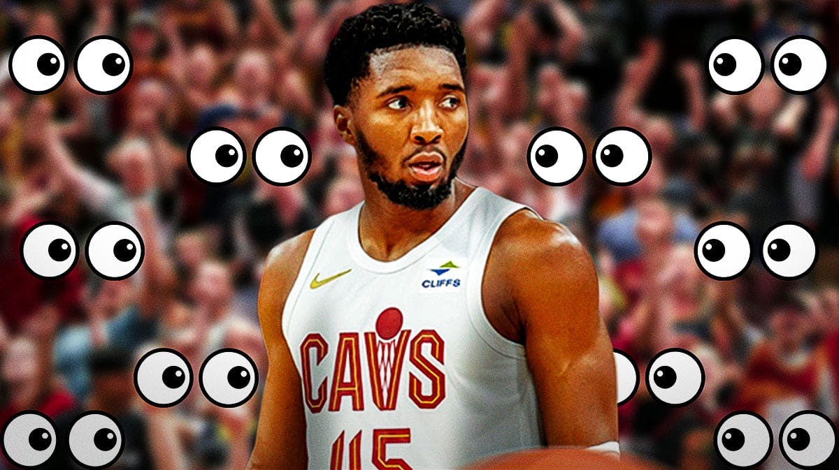 Donovan Mitchell on one side with an injury kit in front of him, a bunch of Cleveland Cavaliers fans on the other side with the big eyes emoji over their faces
