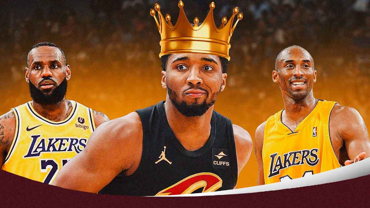 Donovan Mitchell stands next to LeBron James and Kobe Bryant with a crown on his head.