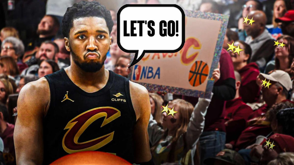 Donovan Mitchell on one side with a speech bubble that says "Let's go!", a bunch of Cleveland Cavaliers fans on the other side with stars in their eyes