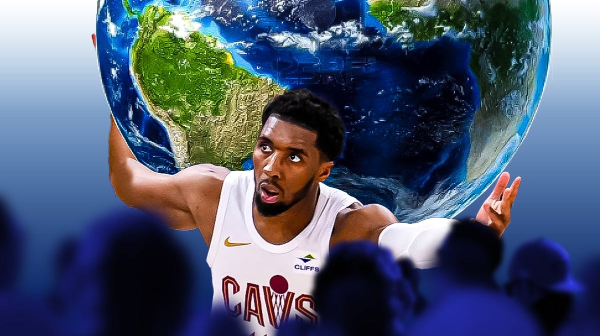 Cavs' Donovan Mitchell carrying the planet Earth on his back